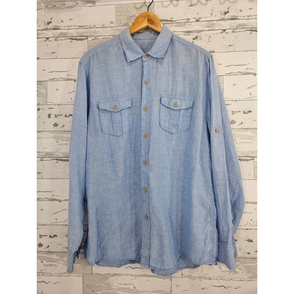 Ocean Coast Mens 100% Linen Long Sleeve Button Down Shirt Blue Roll Tab M